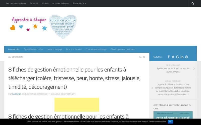 8 fiches de gestion émotionnelle pour les enfants à télécharger (colère, tristesse, peur, honte, stress, jalousie, timidité, découragement)